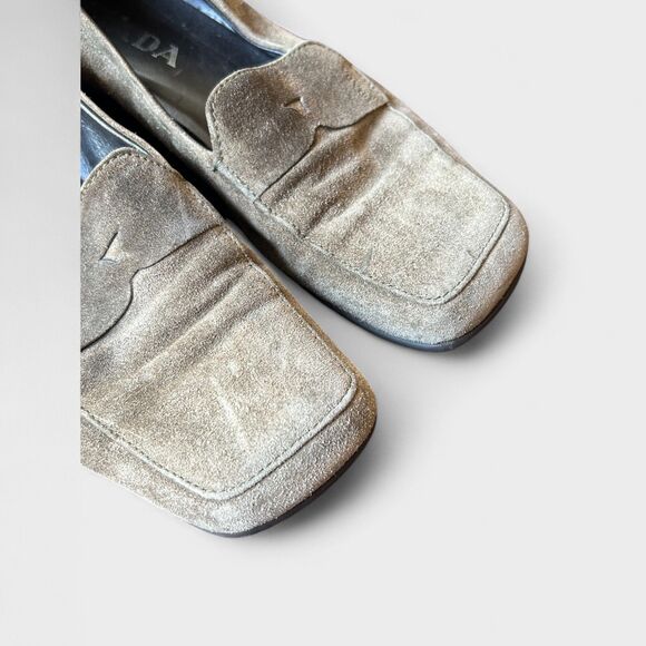 PRADA Women’s Suede Loafers Green Gray Square Toe Slip On Italy Designer 38 7.5 - Picture 2 of 8